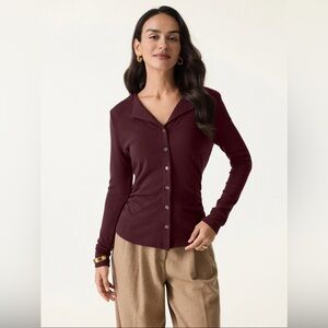 NWOT OGL ProWarm Flapped V-neck Button Front Side Ruched Top - Ruby Size S